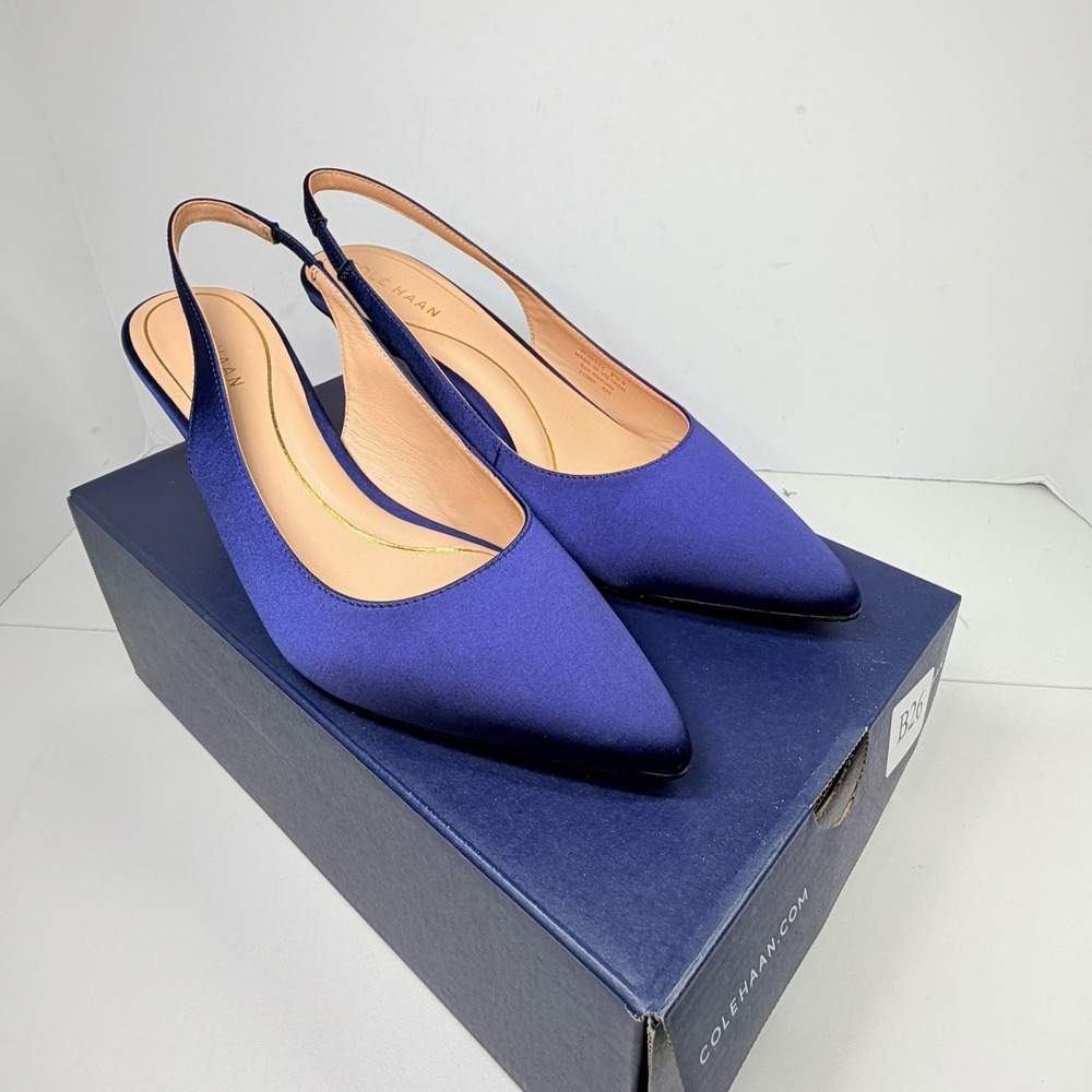 Cole Haan Vandam Sling 65 Navy Satin Pointed Toe Kitten Heeled Pumps Sz 9.5 - Picture 1 of 11